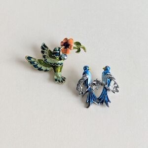 Set/ 2 Signed Vintage Blue Love Birds, Tropical Bird Metallic Enamel Silvertone